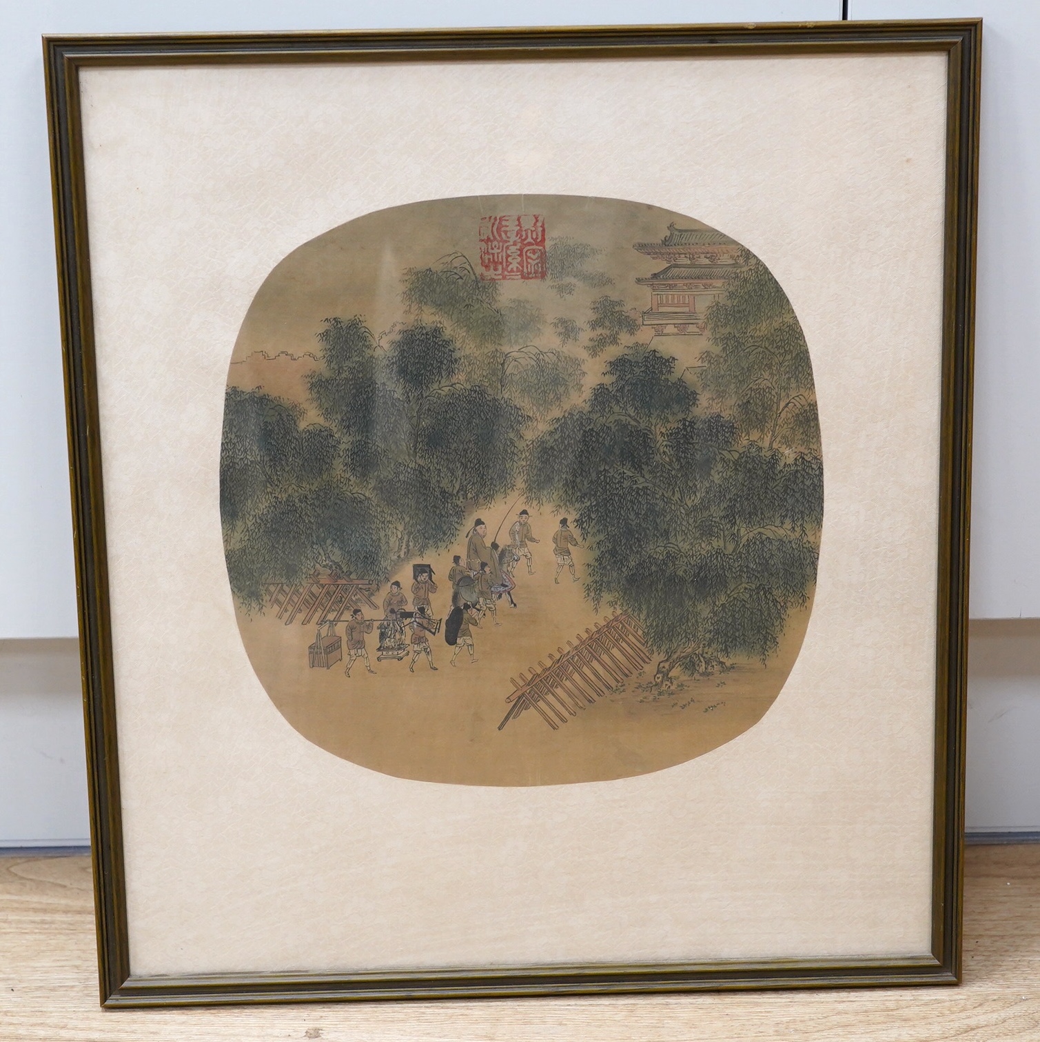 Chinese School, watercolour on silk, Procession of figures, oval, 27cm high. Condition - fair